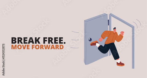 Cartoon vector illustration of a man rushing toward a door, symbolizing urgency, stress, and being late