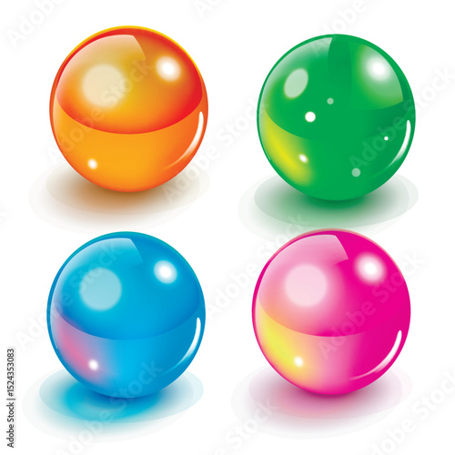 Glass ball sphere color vector realistic set graphic 3d illustration, red yellow round shiny glossy magic crystal, light glow circle game orb green blue purple orange, transparent drop button image