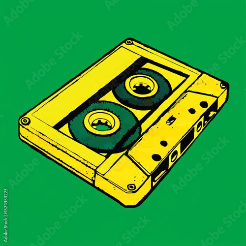 Yellow Cassette Tape Illustration on Green Background

