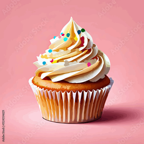 Cupcake with Sprinkles on Pink Background

