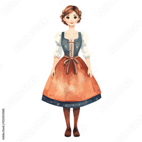 Watercolor Illustration of a Woman in Traditional Dirndl Dress with Brown Hair