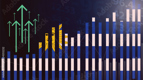Uruguay bar chart graph with ups and downs, increasing values, Uruguay country flag on bar graph, upward rising arrow on data, news banner idea, developing country concept