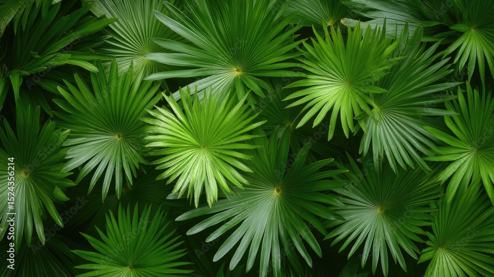 Close-up view of lush, vibrant fan palm leaves. Close-up view of lush, vibrant fan palm leaves.