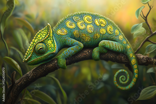 Green reptile chameleon with colorful eyes on a branch, a close-up of a wild exotic animal in nature