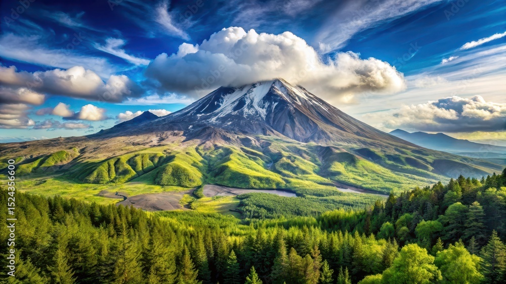 Naklejka premium Majestic Mt St Helens summit on a clear summer day with lush green forests surrounding it, set against a bright blue sky with fluffy white clouds, Ecosystem, Summer