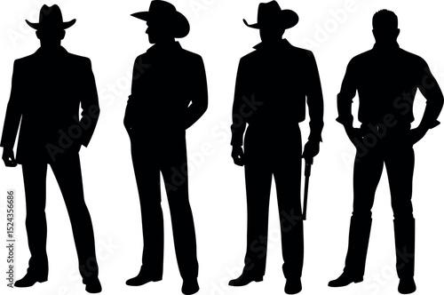 Four Cowboy Silhouettes with Hats and a Gun in a Western Setting