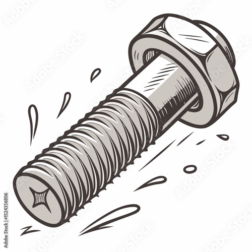 Steel screw illustration with detailed threads and hexagonal head  