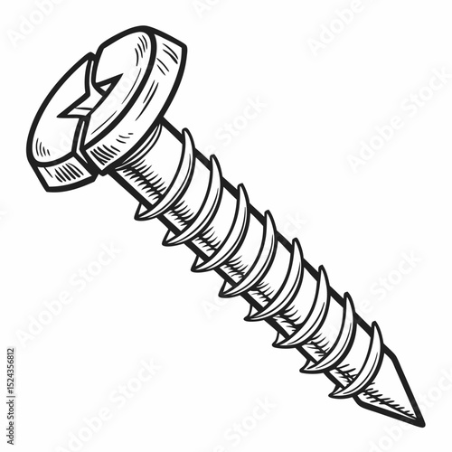 Detailed illustration of a metal screw with grooves and head  