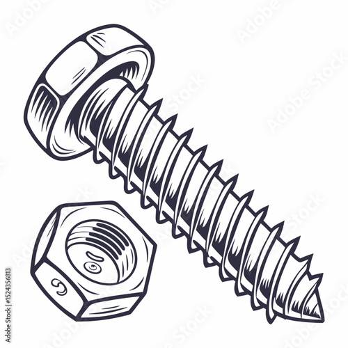 Steel bolt and nut in hand-drawn style on white background  
