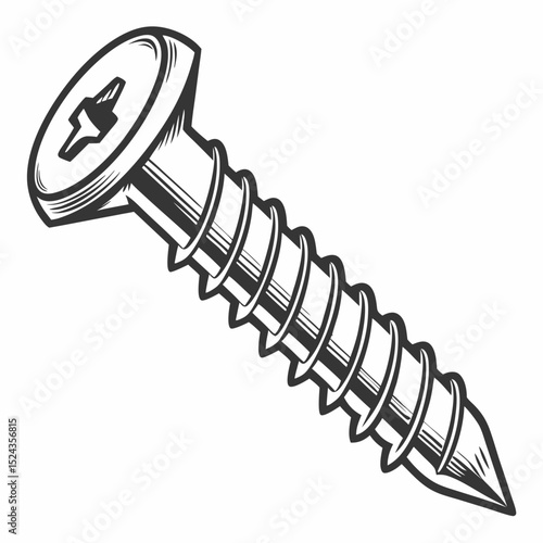 Screw with detailed engraving in monochrome illustration style  