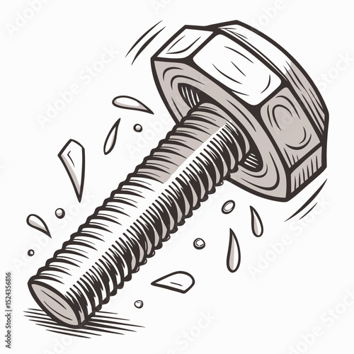 Screwing bolt with motion lines and debris in sketch style  