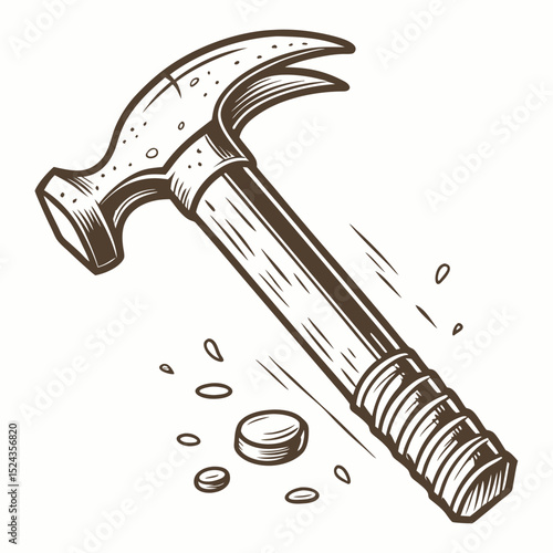 Hammer with wooden handle and engraved details on white background  