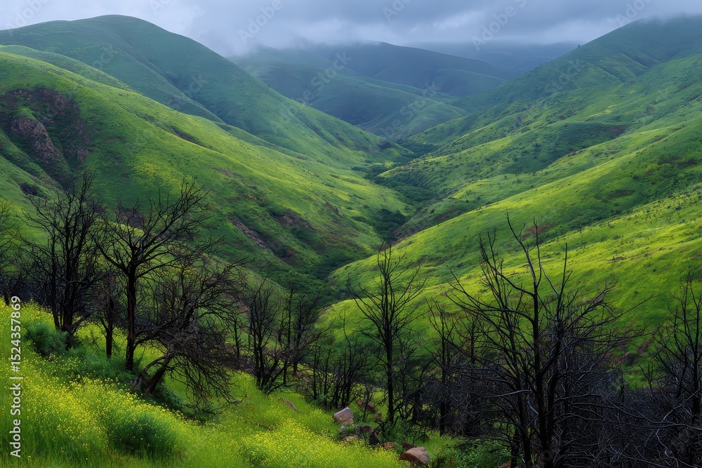 Naklejka premium Serene mountain valley landscape with lush greenery and burned trees