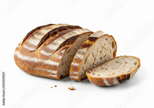 Sliced artisan sourdough bread loaf isolated on a white background