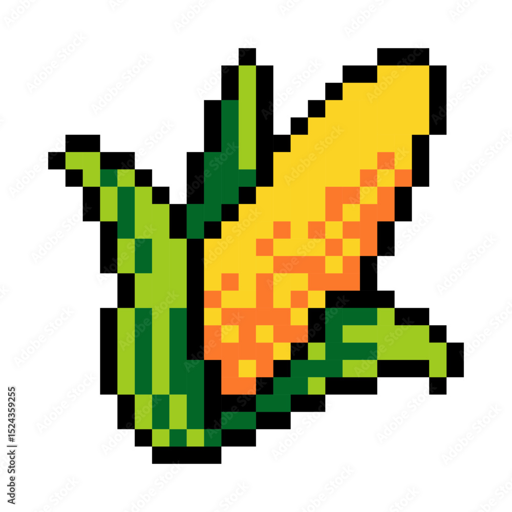 Fototapeta premium Pixel art image of a corn with a green leaf. design for all business