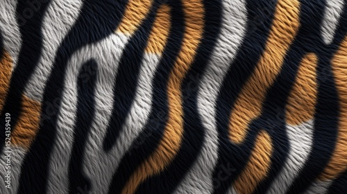 Tiger skin texture with copy space. Tiger. Close-up white tiger pattern. Big Cat fur. Tiger stripes. Realistic white tiger skin. White tiger design texture. Detailed white tiger skin close-up.
