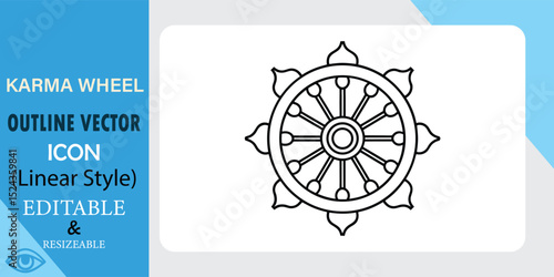 Linear style vector icon depicting a Dharmachakra, or Wheel of Dharma, a Buddhist symbol of the path to enlightenment. Editable and resizable outline design.