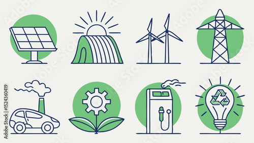 Transparent Background Vector Icons of Renewable Energy Sources for Presentations  