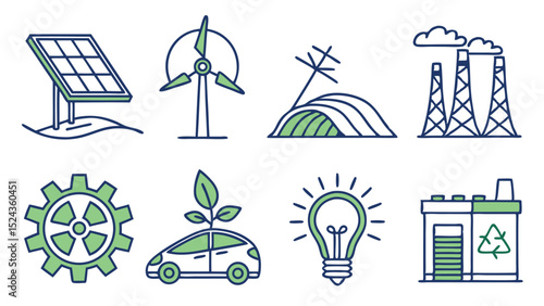 Consistent Line Style Vector Set of Renewable Energy Icons with Hydroelectric Dam  