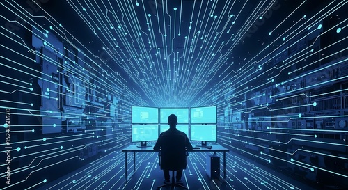 Rear view of cybersecurity analyst monitoring multiple screens in high-tech data center, surrounded by digital network lines, advanced data visualization, and futuristic technology concept