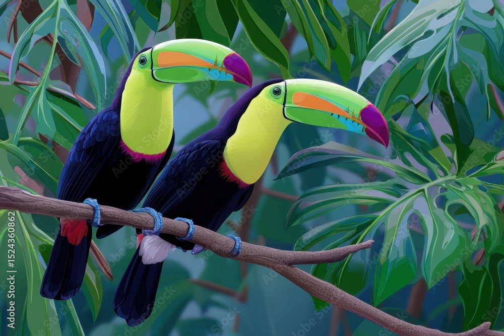 Fototapeta premium Two keel billed toucans in lush tropical foliage