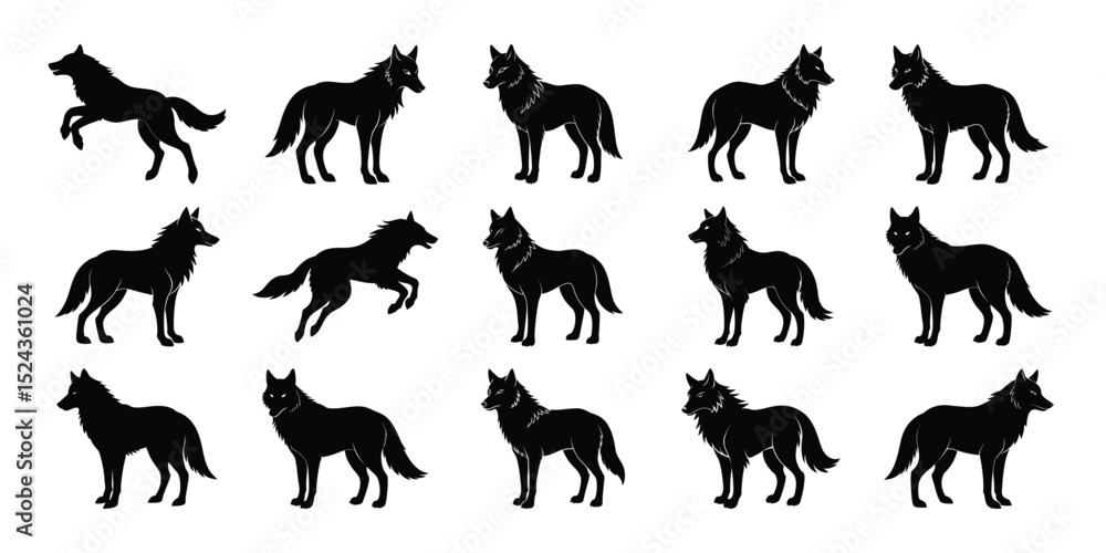 Obraz premium Wolf Silhouette Vector Set – Standing, Walking, and Leaping Black Wolves Collection on white background 