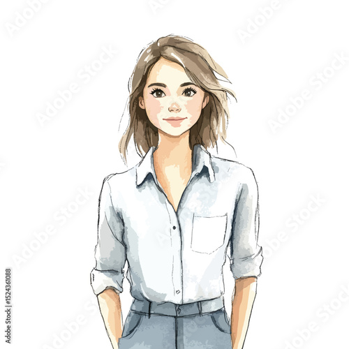 Watercolor illustration of a young woman with short hair and a white shirt