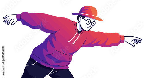 Young man dancing in vibrant hoodie and hat against a colorful background  