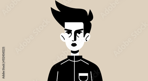 Young man with stylized hairstyle wearing a black shirt against beige background  