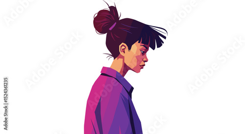 Young woman in profile with ponytail wearing a purple shirt  