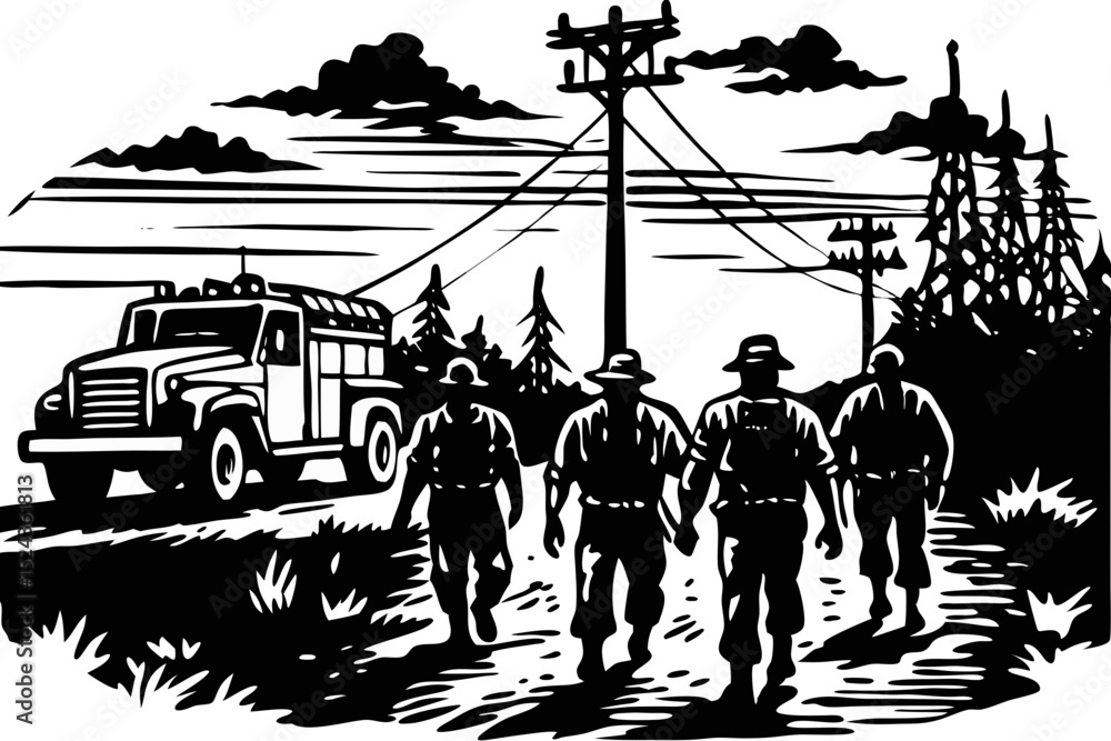 Obraz premium Linemen Walking Towards Fire Truck in Rural Setting