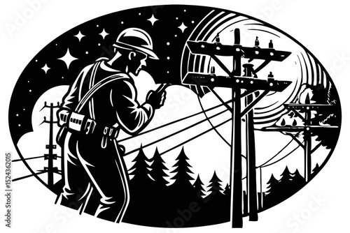 Nighttime lineman working on power lines illustration