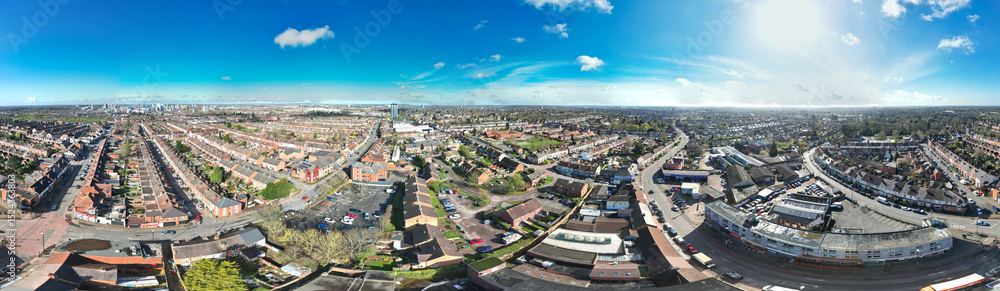 Fototapeta premium High Angle Panoramic View of Modern Central Coventry City of England United Kingdom. Drone Camera Footage Was Captured on March 30th, 2024