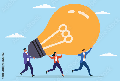 Vector illustration of a group of business professionals carrying a large light bulb, representing the power of teamwork, innovation, and collective effort behind brilliant business ideas