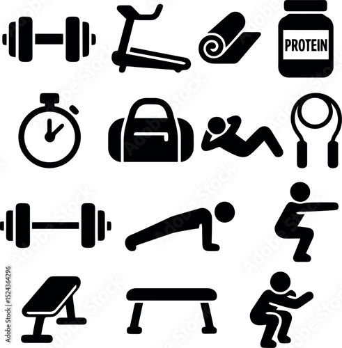 fitness and workout icons with dumbbells, bench, stopwatch, exercise poses, protein, mat and gym equipment.