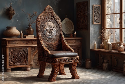Antique wooden chair with Norse patterns high resolution image