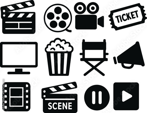 cinema and movie icons with clapper, film reel, popcorn, director chair, screen, pause, and play buttons.