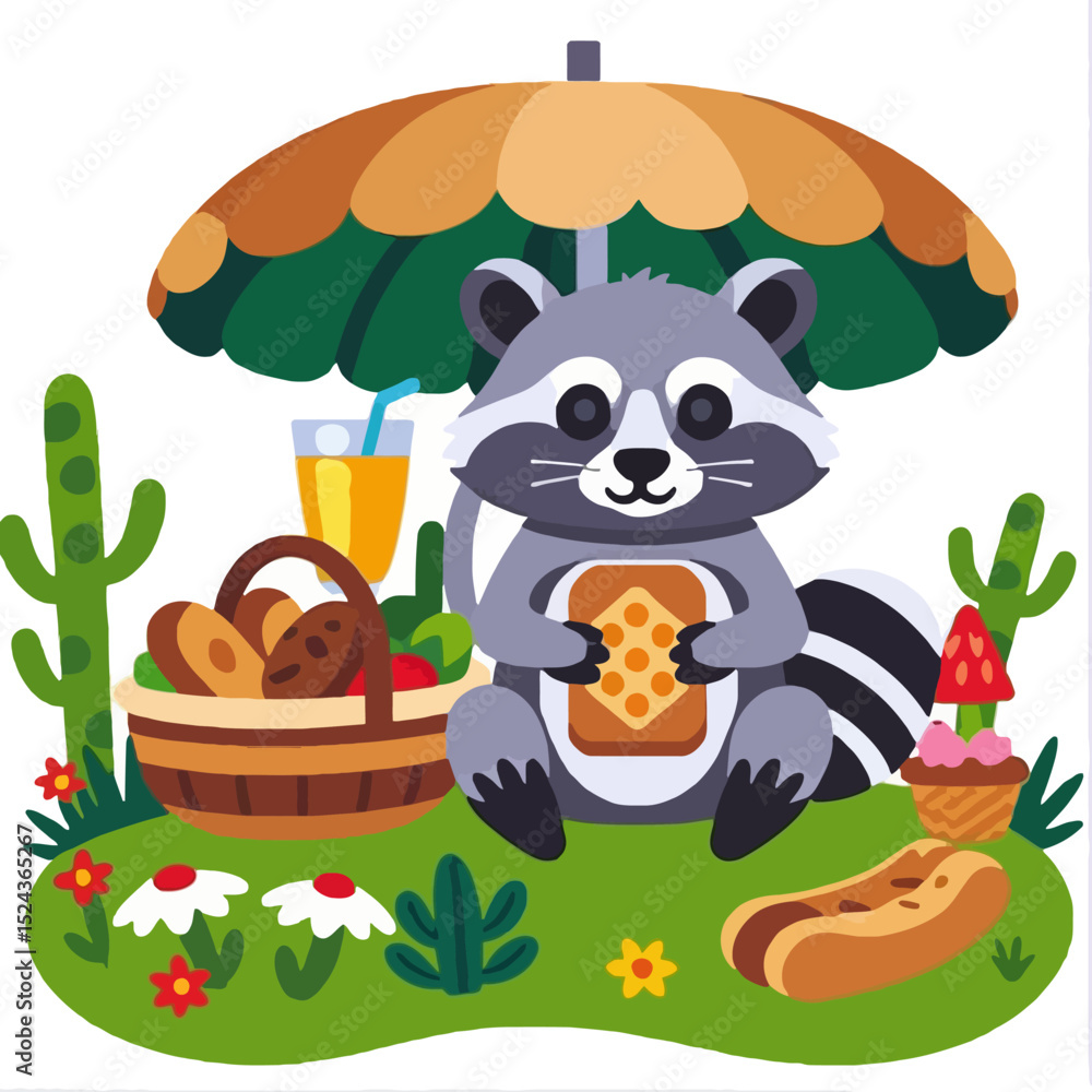 Obraz premium Cute Raccoon Having a Picnic-Cartoon Raccoon Eating Sandwich-Picnic Basket with Treats-Fun Illustration of a Raccoon Enjoying Food Outdoors-Perfect for Kids and Nature Lovers