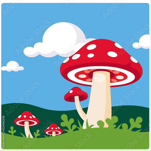 Cute Mushroom Cartoon Illustration- Whimsical Toadstools in a Field- Fun Illustration for Childrens Books- Bright and Colorful Cartoon Mushrooms against Blue Sky and Clouds