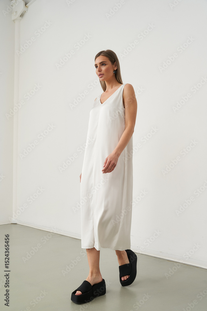 Elegant woman posing in a fashionable white dress in a modern indoor studio setting Elegant woman posing in a fashionable white dress in a modern indoor studio setting