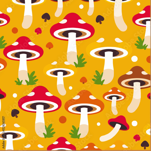 Mushroom Mania Seamless Pattern - Whimsical Fungi Art on Yellow Background - Colorful Mushroom Illustration - Perfect for Textiles & Design Projects
