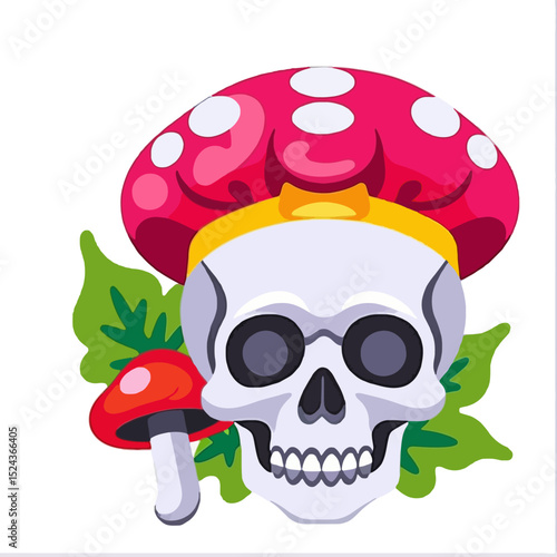 Skull with Mushroom Hat and Leafy Background-Whimsical Death Illustration-Unique Skull Art-Cartoon Skull Graphic-Mushroom Skull Design-Fun Halloween Image