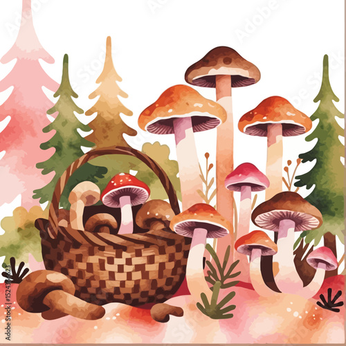 Watercolor Mushroom Forest Scene-Basket of Mushrooms in Woods-Autumnal Foraging Painting-Mushroom Art-Botanical Illustration-Whimsical Forest Design