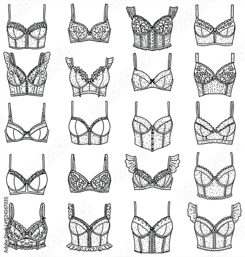Intricate black and white vector lace lingerie collection: bras, bustiers, and ornate decorative elements. Perfect for fashion, bridal, and vintage design projects.