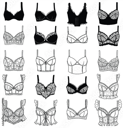 Intricate black and white vector lace lingerie collection: bras, bustiers, and ornate decorative elements. Perfect for fashion, bridal, and vintage design projects.