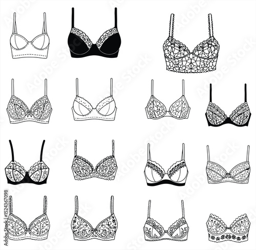 Intricate black and white vector lace lingerie collection: bras, bustiers, and ornate decorative elements. Perfect for fashion, bridal, and vintage design projects.