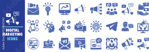 Digital marketing icons set strategy promotion branding