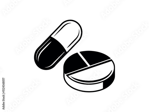 illustration of a pill and a capsule, black and white illustration of a capsule and a pill, minimalist graphic showcasing a pill and a capsule, pill, capsule, medicine, healthcare, pharmacy, drug, med