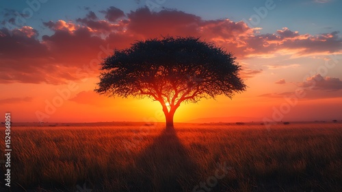 Silhouetted tree at sunset over field