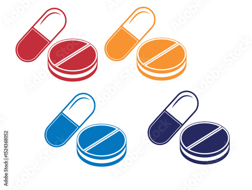 Colorful Set of Pill and Capsule Icons, different colored icons of pills and capsules, isolated on a white background, Colorful Medical Pills, Capsule and Table, pill, capsule, tablet, medicine, pharm